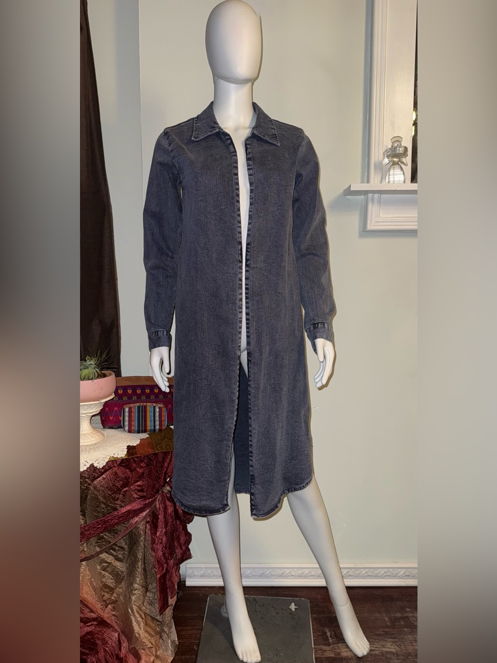 Long Dark Gray Denim Coatigan Jacket - Women's